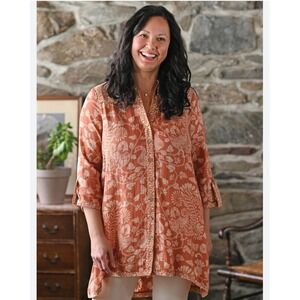 April Cornell Dancing Peacock Terracotta Floral Print Tunic Top NWT Sz Medium